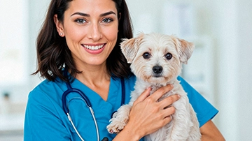 Veterinarian holding a small dog after blood work.
